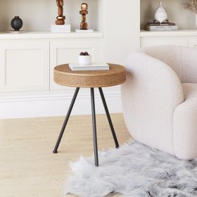 Stuart Natural Modern Wood & Rattan Side Table with Steel Frame
