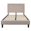 Full Beige Fabric Upholstered Platform Bed with Button-Tufted Headboard