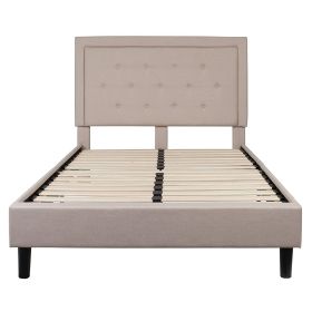Full Beige Fabric Upholstered Platform Bed with Button-Tufted Headboard