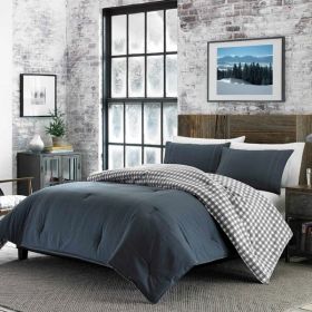 King 100% Cotton Reversible Plaid Comforter Set – Gray/White