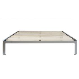 Full Luna Metal Platform Bed Frame with Wooden Slats – Brushed Silver