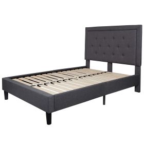 Full Dark Gray Fabric Upholstered Platform Bed with Button-Tufted Headboard