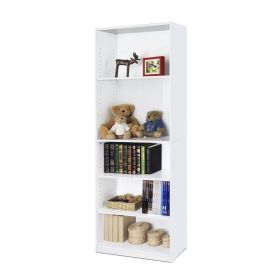 Modern 5-Shelf Bookcase – White Wood Finish with Adjustable Shelves
