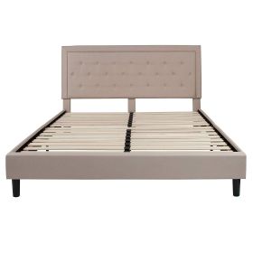 King Beige Upholstered Platform Bed with Button-Tufted Headboard