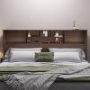 King size Bookcase Headboard in Brown Wood Finish with LED Lights