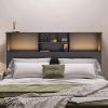 Queen size Bookcase Headboard in Black Wood Finish with LED Lights