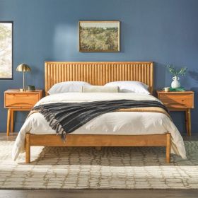 Queen Size Farmhouse Bohemian Wooden Platform Bed Textured Headboard