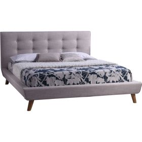 Queen Beige Linen Upholstered Platform Bed with Button-Tufted Headboard – Walnut Legs