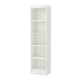5-Shelf Narrow Bookcase – White Wood Finish, Adjustable Shelves