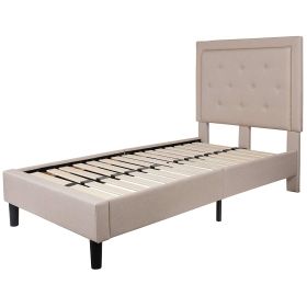 Twin Beige Fabric Upholstered Platform Bed with Button-Tufted Headboard