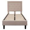 Twin Beige Fabric Upholstered Platform Bed with Button-Tufted Headboard