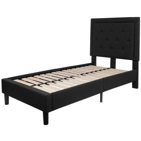 Twin Black Fabric Upholstered Platform Bed with Button-Tufted Headboard