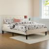 Queen Taupe Upholstered Platform Bed with Square-Stitched Headboard