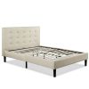 Queen Taupe Upholstered Platform Bed with Square-Stitched Headboard