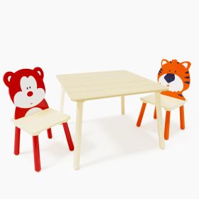 3-Piece Kids Table & Chair Set – Solid Wood & MDF with Bear and Tiger Chairs