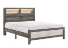Modern King-Size Low-Profile Platform Bed with Plank-style Headboard, Built-in Lighting, & Headboard Storage, Gray-Beige
