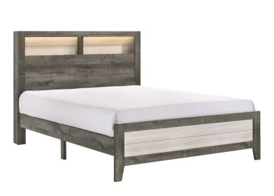 Modern King-Size Low-Profile Platform Bed with Plank-style Headboard, Built-in Lighting, & Headboard Storage, Gray-Beige