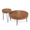Set of 2 Round Solid Pine Round Coffee Tables with Metal Legs