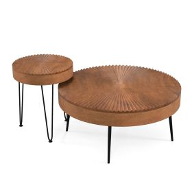 Set of 2 Round Solid Pine Round Coffee Tables with Metal Legs
