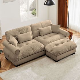 Modern Velvet 2-Seater Sofa with Ottoman, Round Bolster Armrests, Lumbar & Throw Pillows