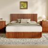 Modern Wooden Queen-Size Bed with LED Lights, Corrugated Curved Lines, & Convex Groove Board Design, Walnut