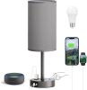 3-Way Dimmable Bedside Lamp with USB C/A Charging Ports, AC Outlet, & Grey Linen Shade