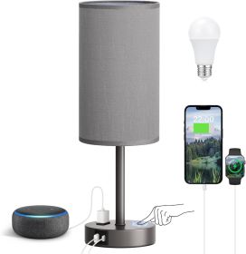3-Way Dimmable Bedside Lamp with USB C/A Charging Ports, AC Outlet, & Grey Linen Shade