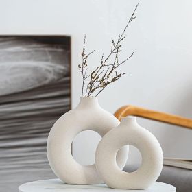 Set of 2 Modern Ceramic "Donut" Vases, Off-White