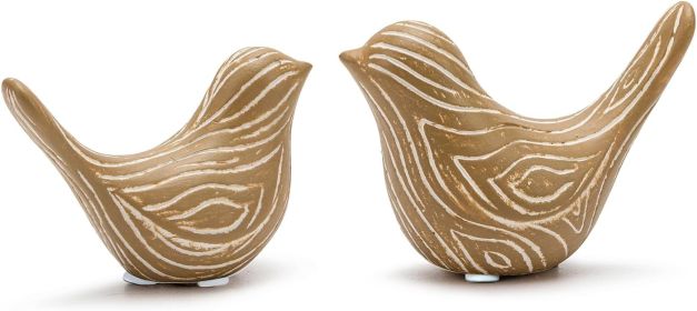 Set of 2 Small Ceramic Bird Figurines, Wood-Grain