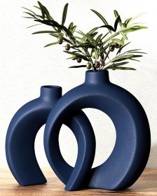 Set of 2 Interlocking Ceramic Vases, Matte Navy Blue