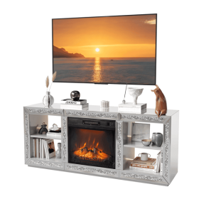 Modern TV Stand with Silver Mirror Finish, 18" Fireplace Insert & Storage Shelves