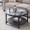 Modern Round Solid Wood Coffee Table with Tempered Glass Top, Black