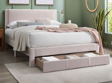 Contemporary Queen-Size Platform Bed with Corduroy Upholstery & Storage Drawer, Light Pink