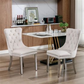 Set of 2 Tufted High-End Contemporary Velvet Dining Chairs with Chrome-Plated Legs & Nailhead Trim, Cream