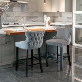 Set of 2 Contemporary Button-Tufted Velvet Wingback Barstools with Wooden Legs & Chrome Nailhead Trim, Gray