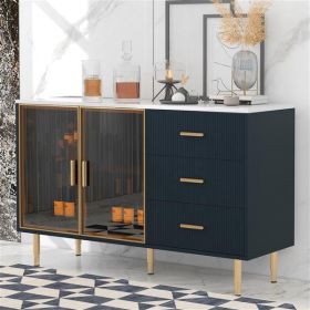Modern Sideboard/Buffet Cabinet with Marble-Look Top, Amber Tempered Glass Doors, & Gold Metal Legs, Navy Blue