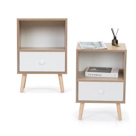 Set of 2 Mid-Century Wooden Nightstands with Drawer & Shelf, Natural & White