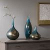 Set of 3 Modern Blue & Bronze Glass Vases