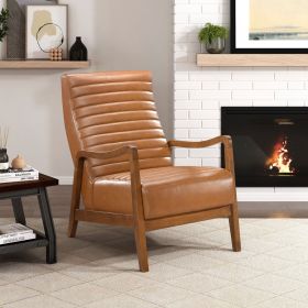 Brown Faux Leather Accent Chair with Solid Rubberwood Frame, Walnut Finish