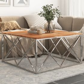 Contemporary Square Coffee Table with Silver Stainless Steel Base & Solid Acacia Wood Top