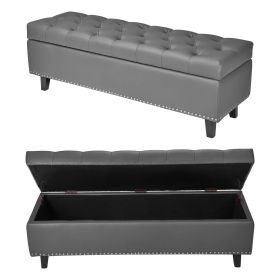 Button-Tufted PU Leather Storage Ottoman with Solid Wood Legs