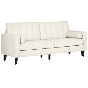 Mid-Century Velvet Sofa with Button-Tufted Back Cushion, 2 Cylindrical Pillows, & Rubberwood Legs