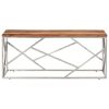 Contemporary Rectangular Coffee Table with Silver Stainless Steel Base & Solid Acacia Wood Top
