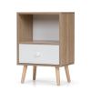 Set of 2 Mid-Century Wooden Nightstands with Drawer & Shelf, Natural & White