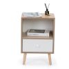 Set of 2 Mid-Century Wooden Nightstands with Drawer & Shelf, Natural & White