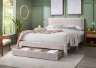 Contemporary Queen-Size Platform Bed with Corduroy Upholstery & Storage Drawer, Light Pink