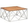 Contemporary Square Coffee Table with Silver Stainless Steel Base & Solid Acacia Wood Top