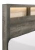 Modern King-Size Low-Profile Platform Bed with Plank-style Headboard, Built-in Lighting, & Headboard Storage, Gray-Beige