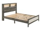 Modern King-Size Low-Profile Platform Bed with Plank-style Headboard, Built-in Lighting, & Headboard Storage, Gray-Beige