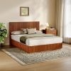 Modern Wooden Queen-Size Bed with LED Lights, Corrugated Curved Lines, & Convex Groove Board Design, Walnut